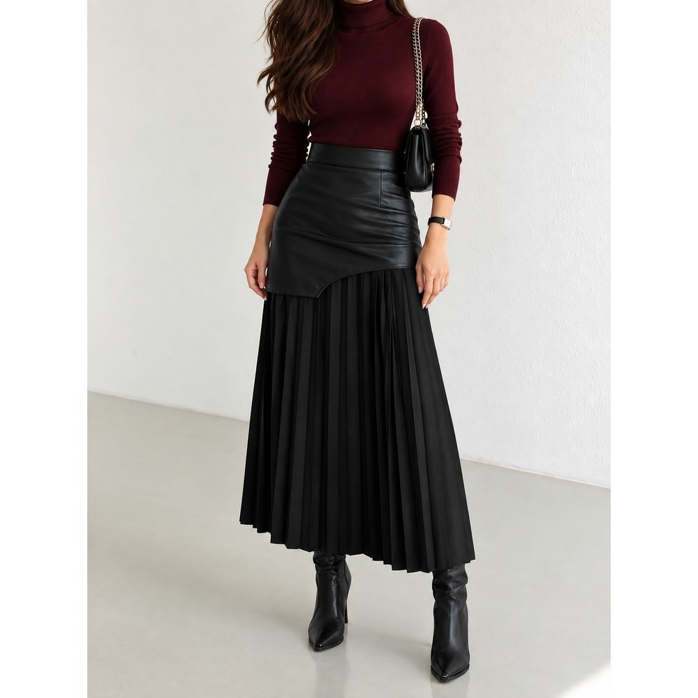 COMMENSE Black Faux Leather Chiffon Pleated Asymmetric Maxi Skirt US 8-10 L NWT